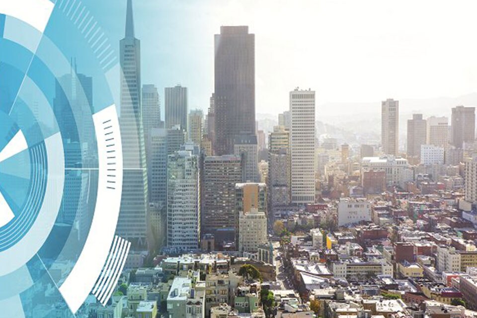 Cityscape during daytime with circular graphics