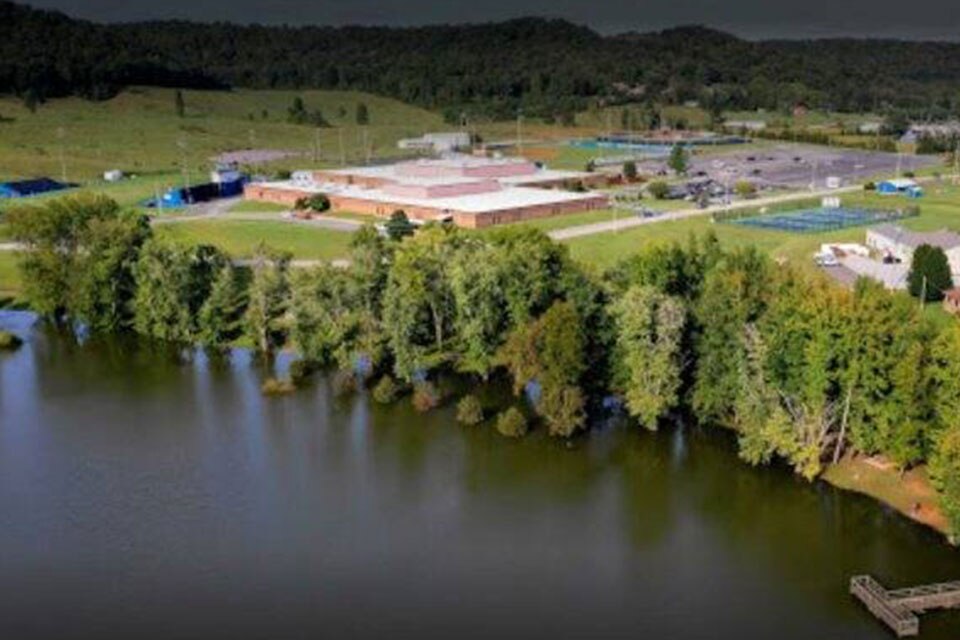 Aerial view of the Livingston Academy in Livingston, Tennessee across a lake