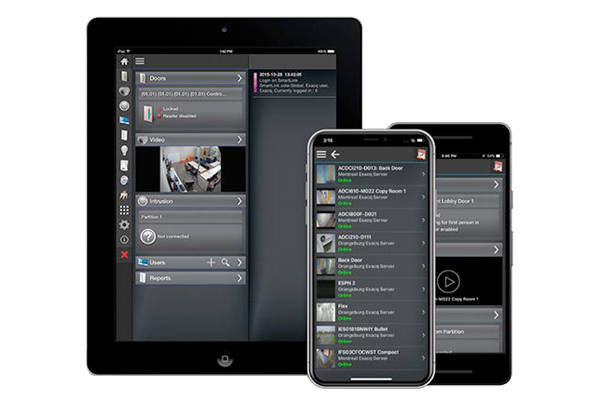 Three mobile devices with the Tyco Kantech EntraPass go Mobile App with the Tyco American Dynamics VideoEdge software view