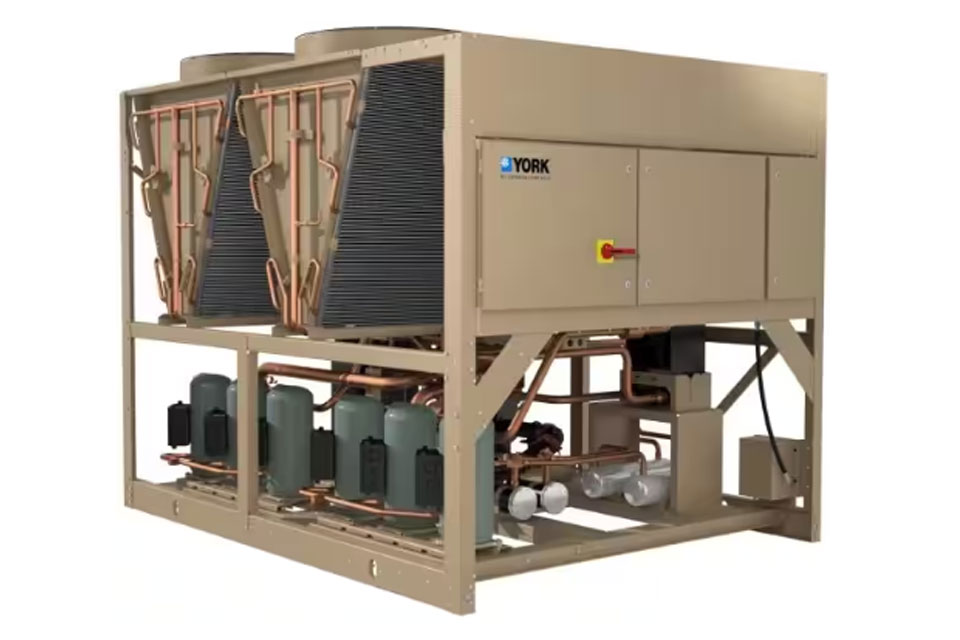 A YORK® YLAA Air-Cooled Scroll Chiller on a white background