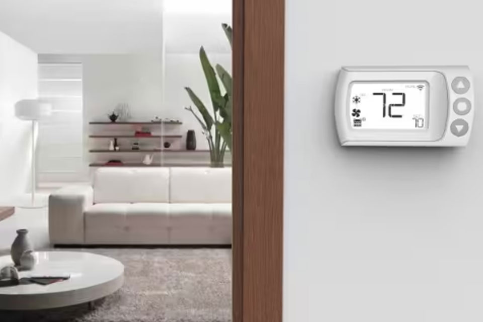 Johnson Controls LUX CS1 Smart Thermostat fitted on a wall in a house