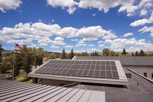 Solar panels in operation on the roof of the Gunnison County courthouse
