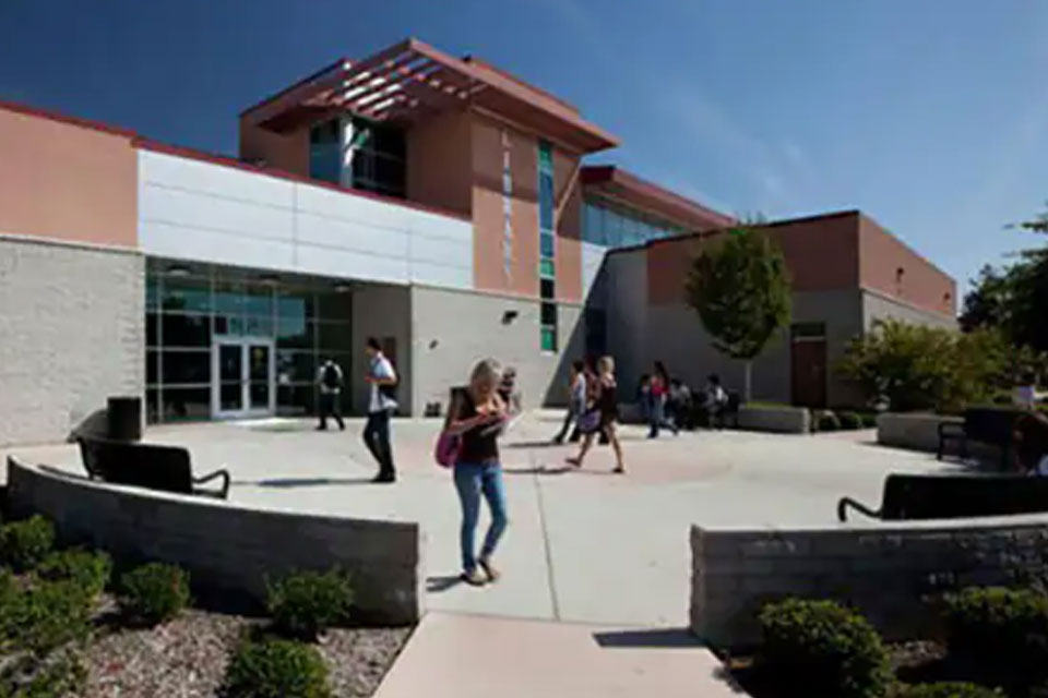 College campus with students walking around
