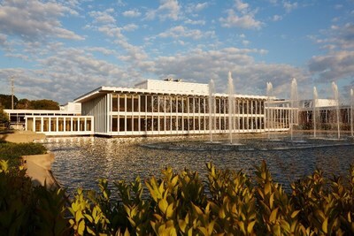 Corporate building on the banks of a water body
