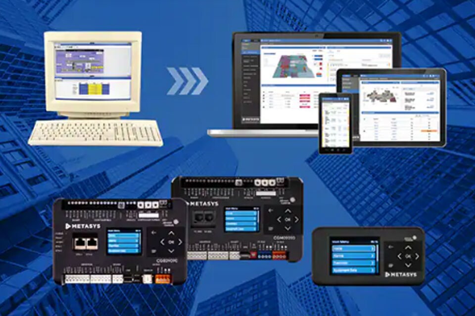 Computers and devices with Metasys 12.0 overlaid on a blue cityscape