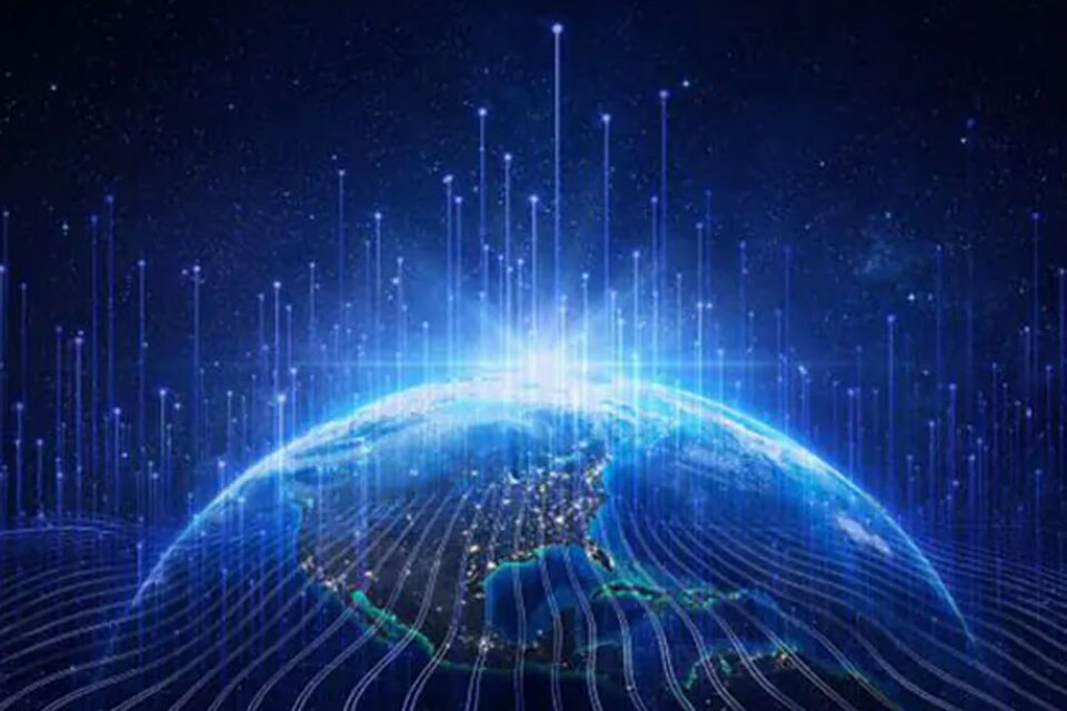 A globe with blue graphics depicting technological advancement