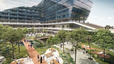 An office campus with people walking among the greenery