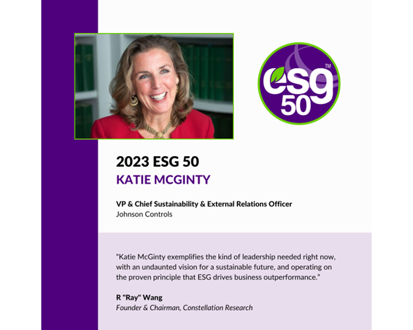 Banner for Johnson Controls' Katie McGinty named top 50 sustainable business leaders in 2023 by ESG50