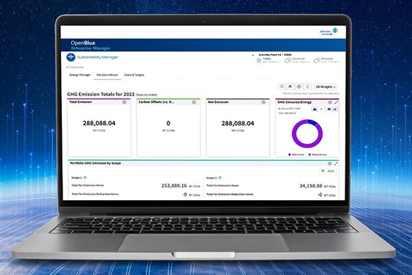 Johnson Controls OpenBlue Net Zero Advisor open on a laptop