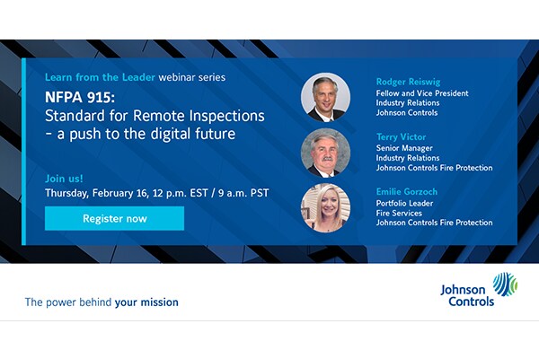 Social media banner for the proposed NFPA 915 Standard for Remote Inspections webinar hosted by Johnson Controls