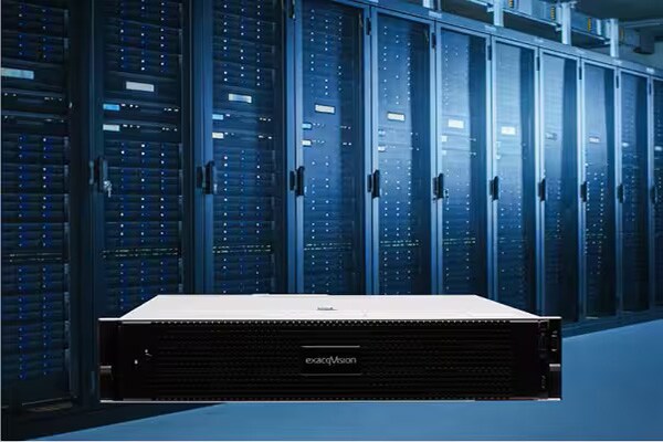ExacqVision product superimposed on a background of an interior shot of a data center