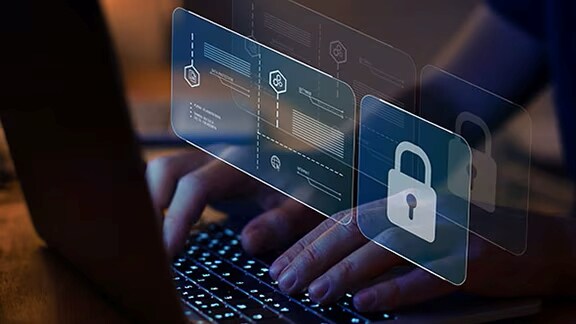 Hologram lock and controls information appearing over a keyboard