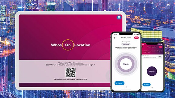 A tab and mobiles displaying visitor and emergency management application