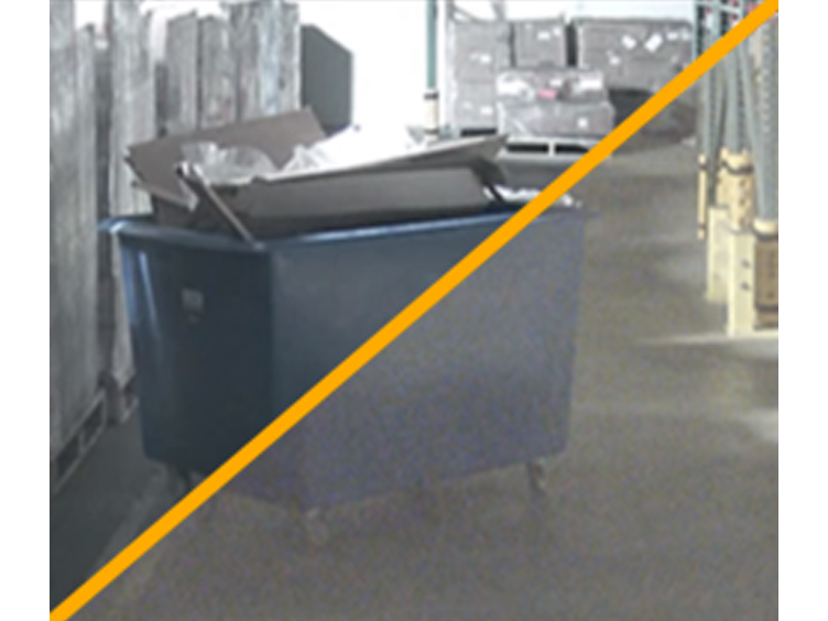 Image of blue dumpster with a diagonal line differentiating the quality of capture