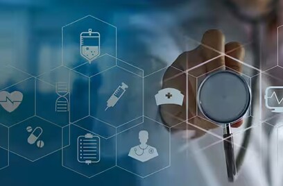 Close-up of a doctor holding a stethoscope, overlaid with icons depicting healthcare