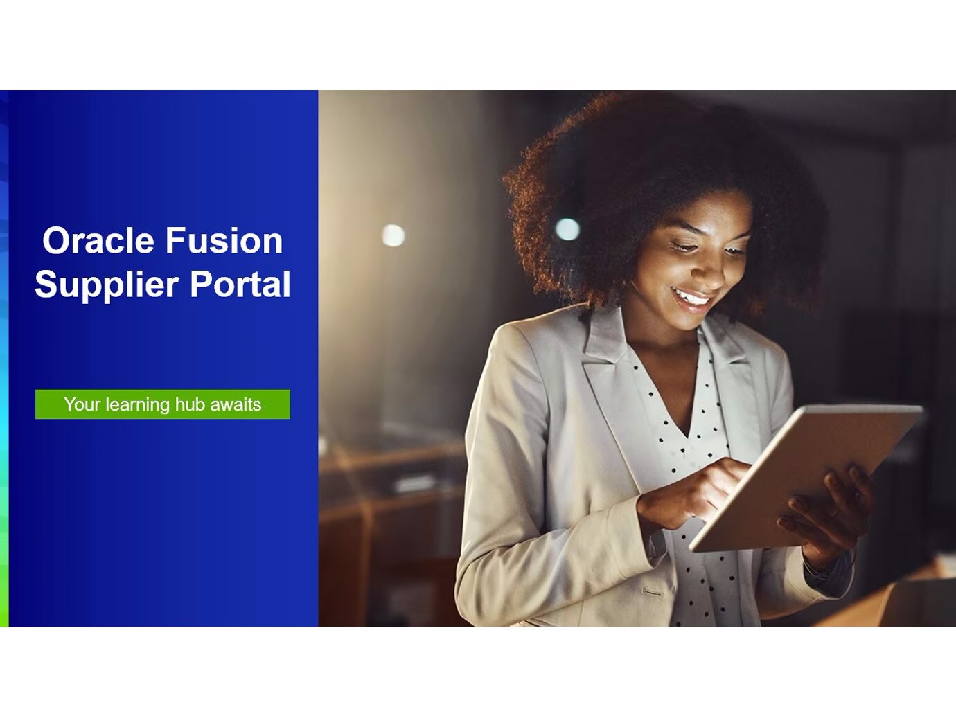 Close-up of woman working on laptop with a banner reading 'Oracle Fusion Supplier Portal'