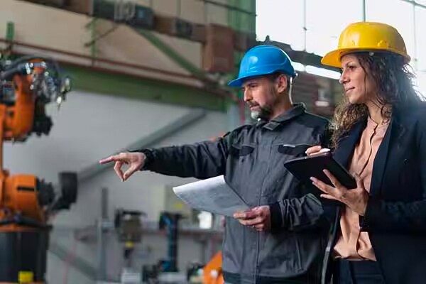Two Johnson Controls maintenance workers wearing safety helmets discussing