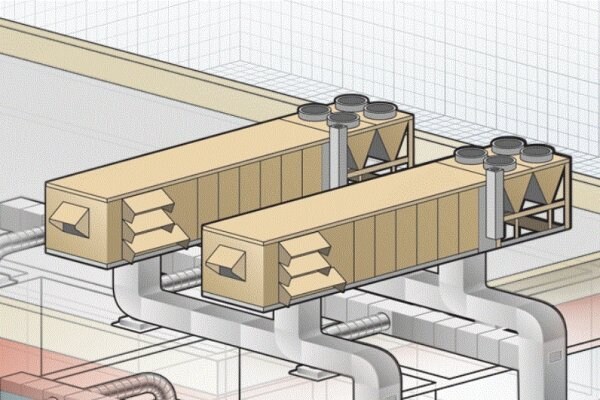 A diagram of two rooftop units simultaneously serving common supply and return shafts, demonstrating 'twinning'
