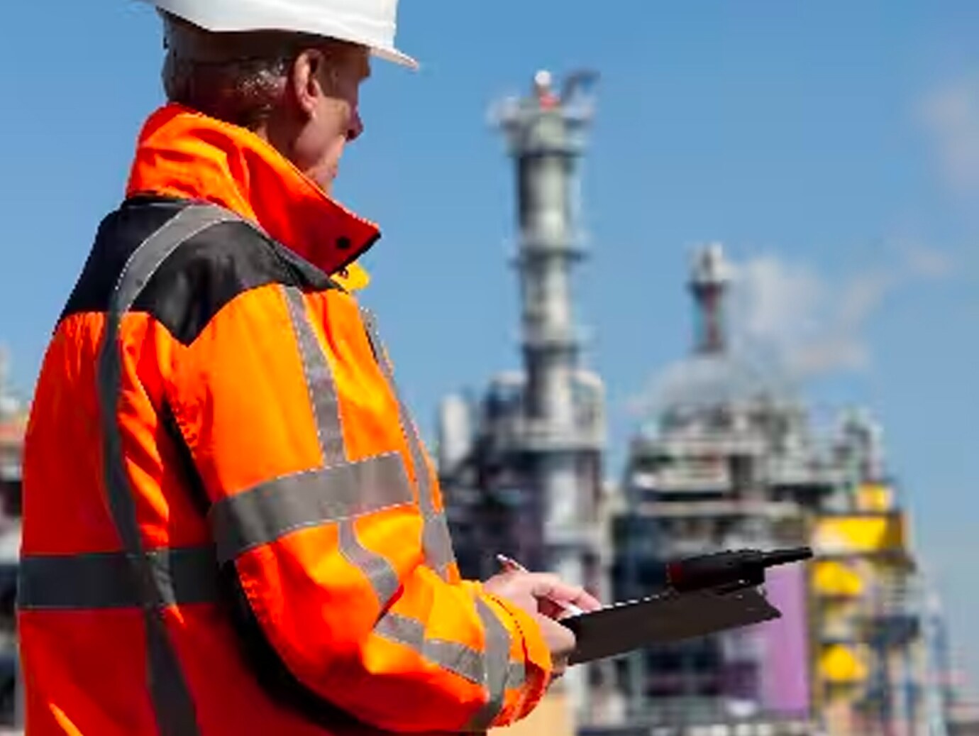 Fire detection specialist holding a writing pad and inspecting a facility
