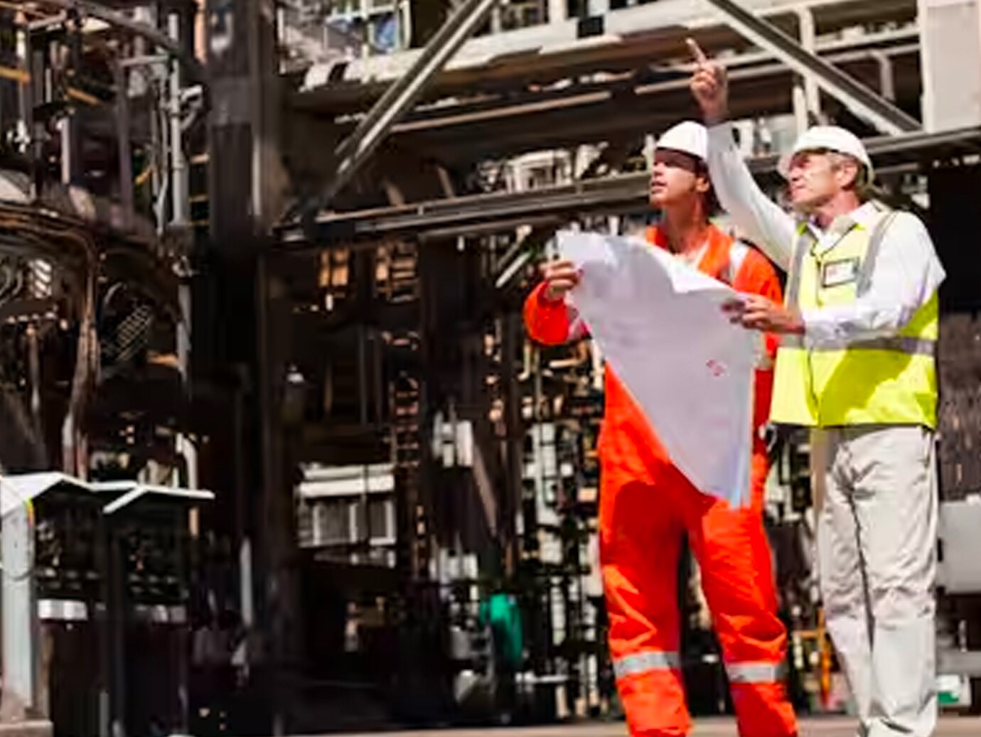 Maintenance workers holding chart and pointing at a distance in a factory