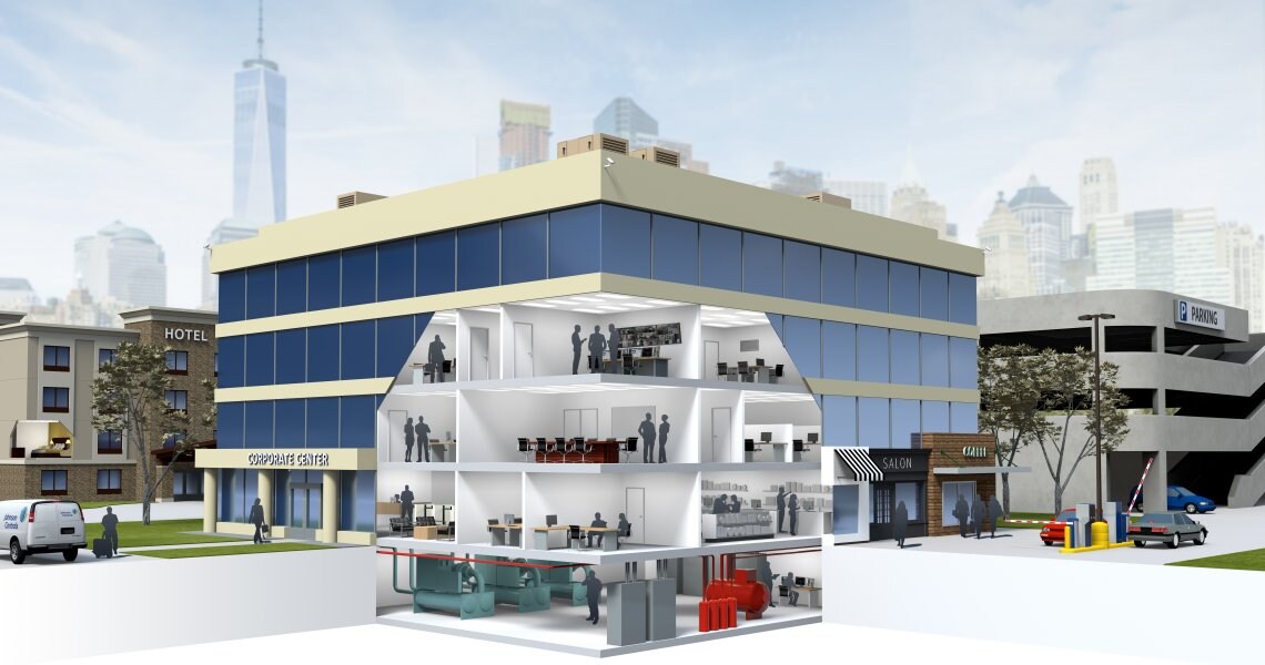 A 3D render of a corporate building, with a rendering of a corporate building's interior superimposed in the foreground