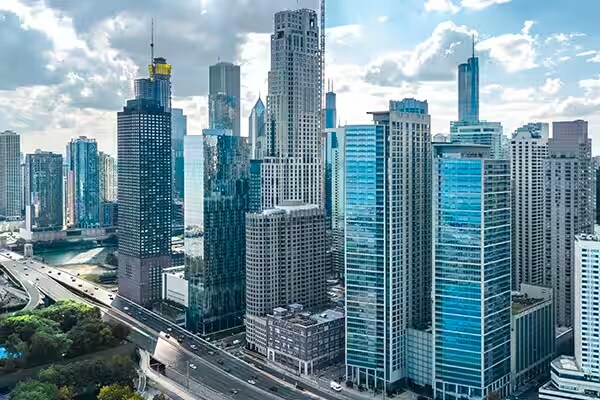 Aerial view of urban cityscape with skyscrapers